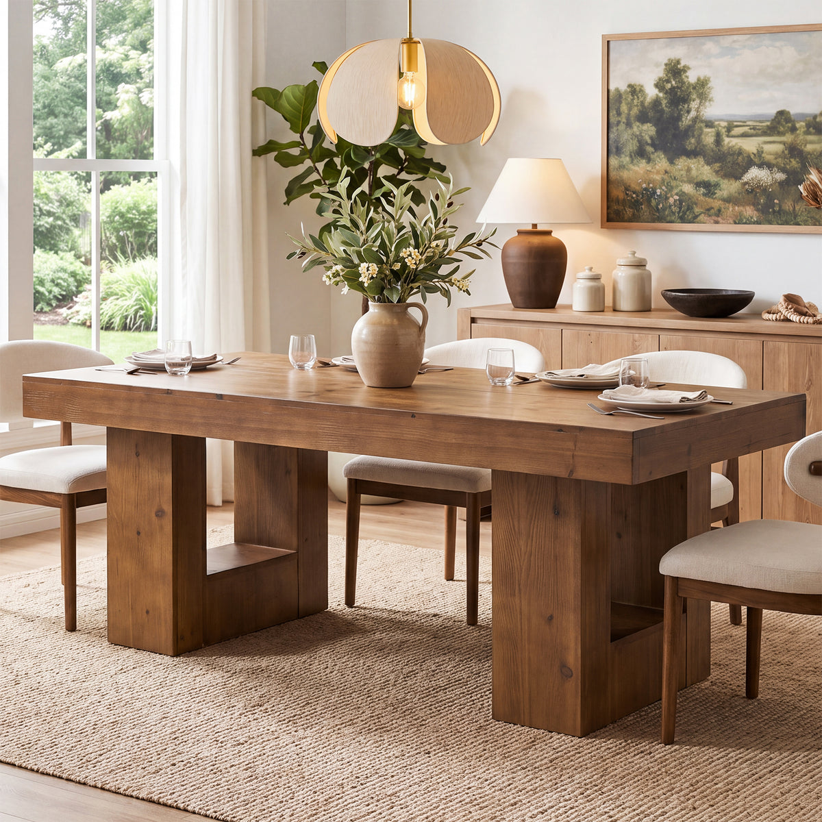 63" Solid Wood Dining Table for 4-6, Rectangular Kitchen Table with Heavy-Duty Base