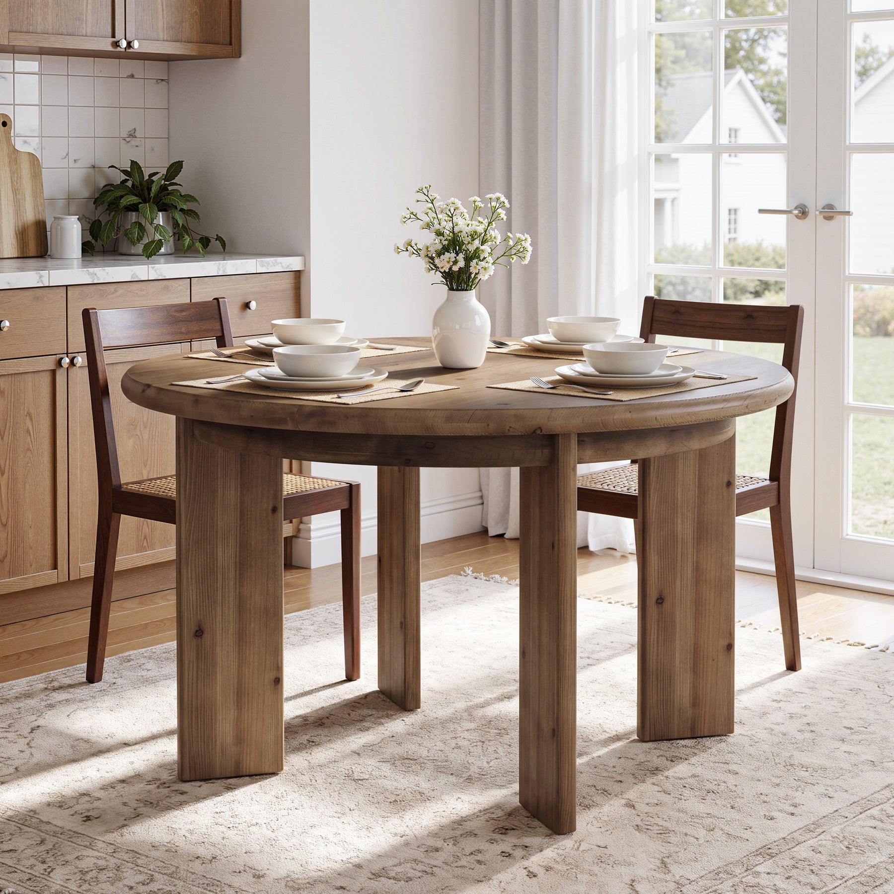 47" Round Dining Table for 4-6, Farmhouse Solid Wood, 4 Thick Pillar Legs, Kitchen Table