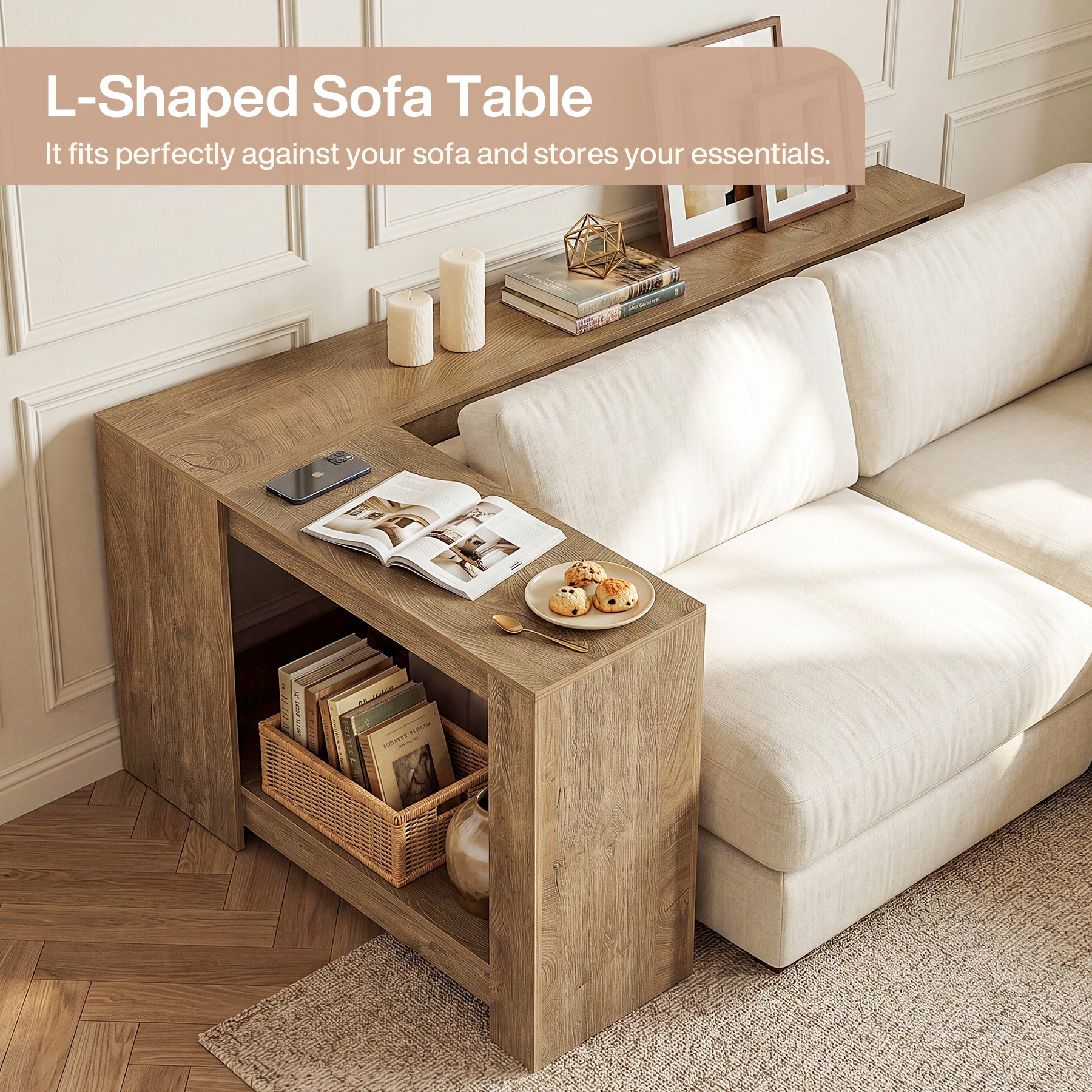63" L-Shaped Sofa Table for Behind Couch, 2-Tier Storage Shelf for Living Room or Entryway Corner