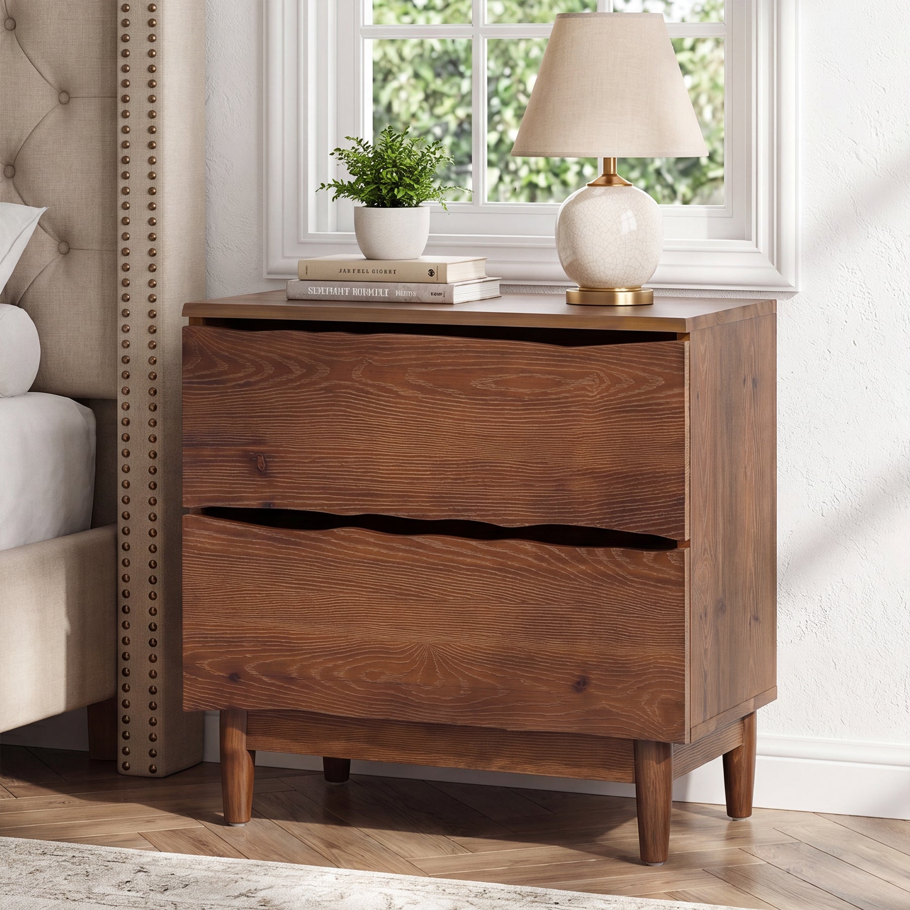 23.6" Solid Wood Nightstand, Mid-Century End Table with 2 Storage Drawers