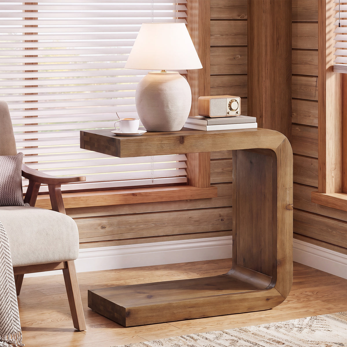 Solid Wood End Table, 2-Tier C-Shaped Side Table with Storage for Living Room, Bedroom