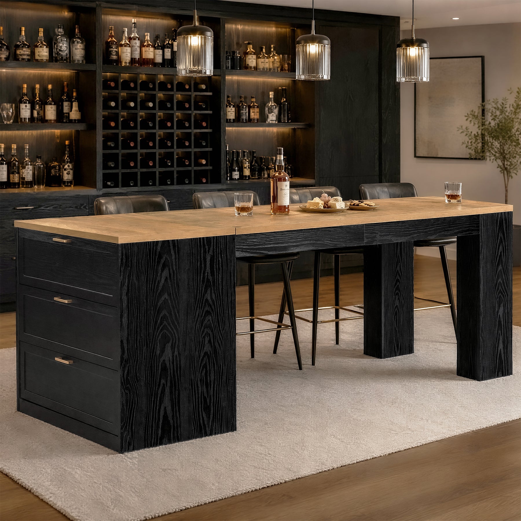 79" Extra Long Bar Table with 3 Drawers, Modern Two-Tone Counter Height Table