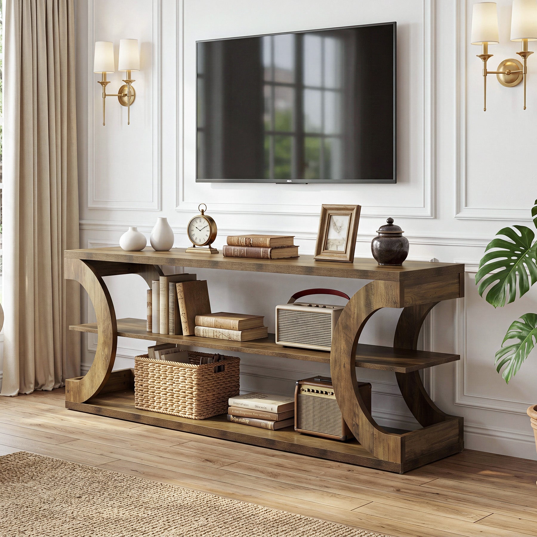 63" TV Stand for TVs up to 70", Farmhouse Entertainment Center with Shelves for Living Room