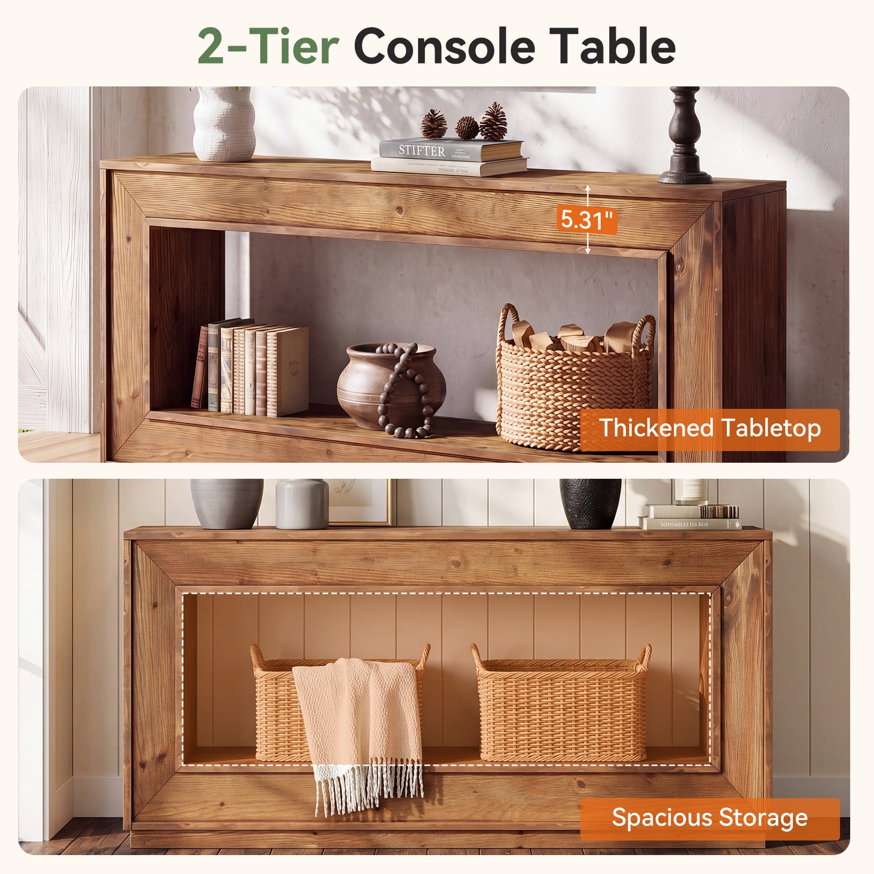 63" Solid Wood Console Table, Farmhouse Entryway Table with Storage for Living Room