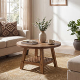 Solid Wood Round Coffee Table, 31.5" Center Table with 2-Tier Storage for Living Room 3