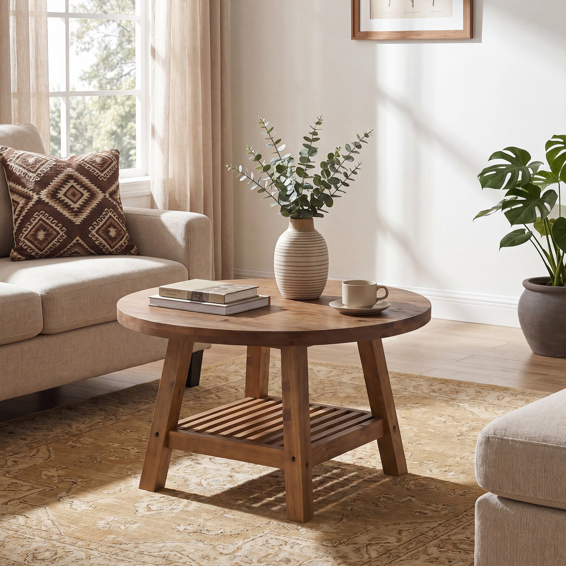 Solid Wood Round Coffee Table, 31.5" Center Table with 2-Tier Storage for Living Room