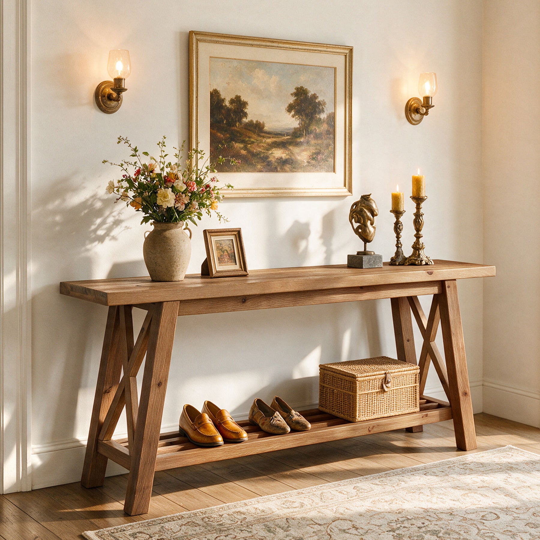 63" Console Table with Storage, Solid Wood X-Brace Sofa Table, 2-Tier Entryway Table