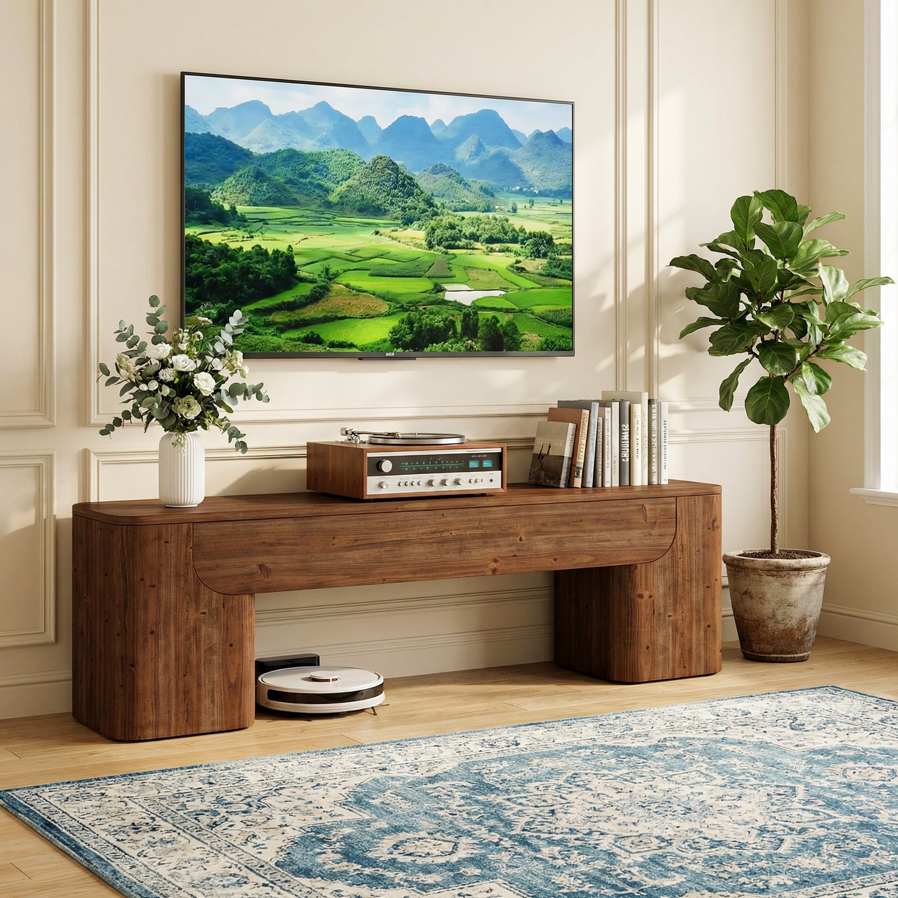 59" Solid Wood TV Stand, Heavy Duty Media TV Console for 55/60/65/75-Inch TVs