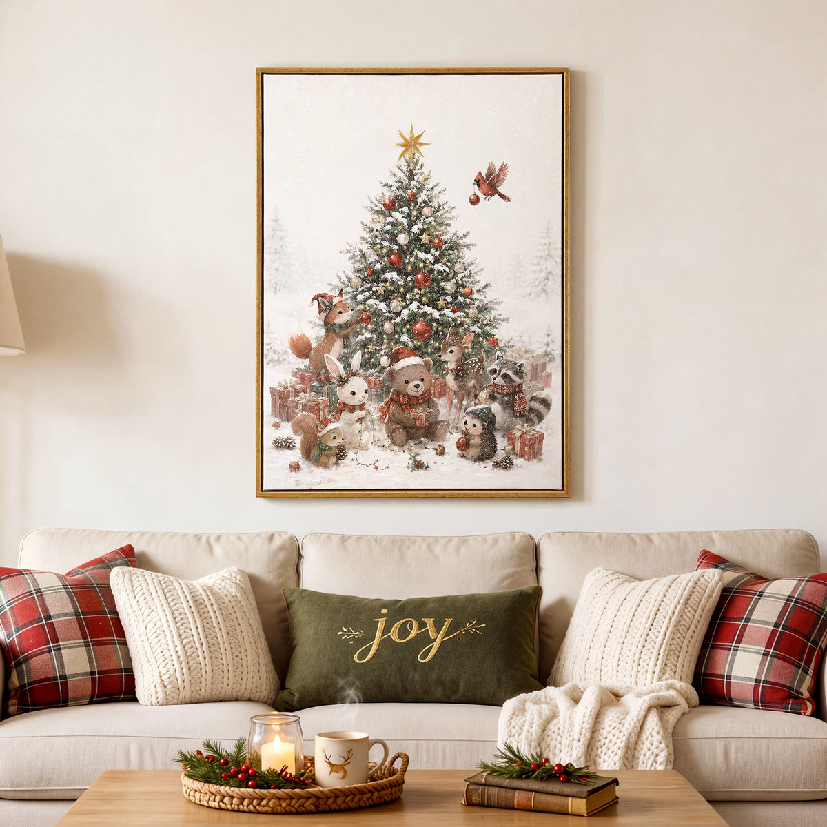 Watercolor Christmas Tree Wall Art, Red Velvet Bow, Rustic Farmhouse Framed Holiday Decor, Living Room