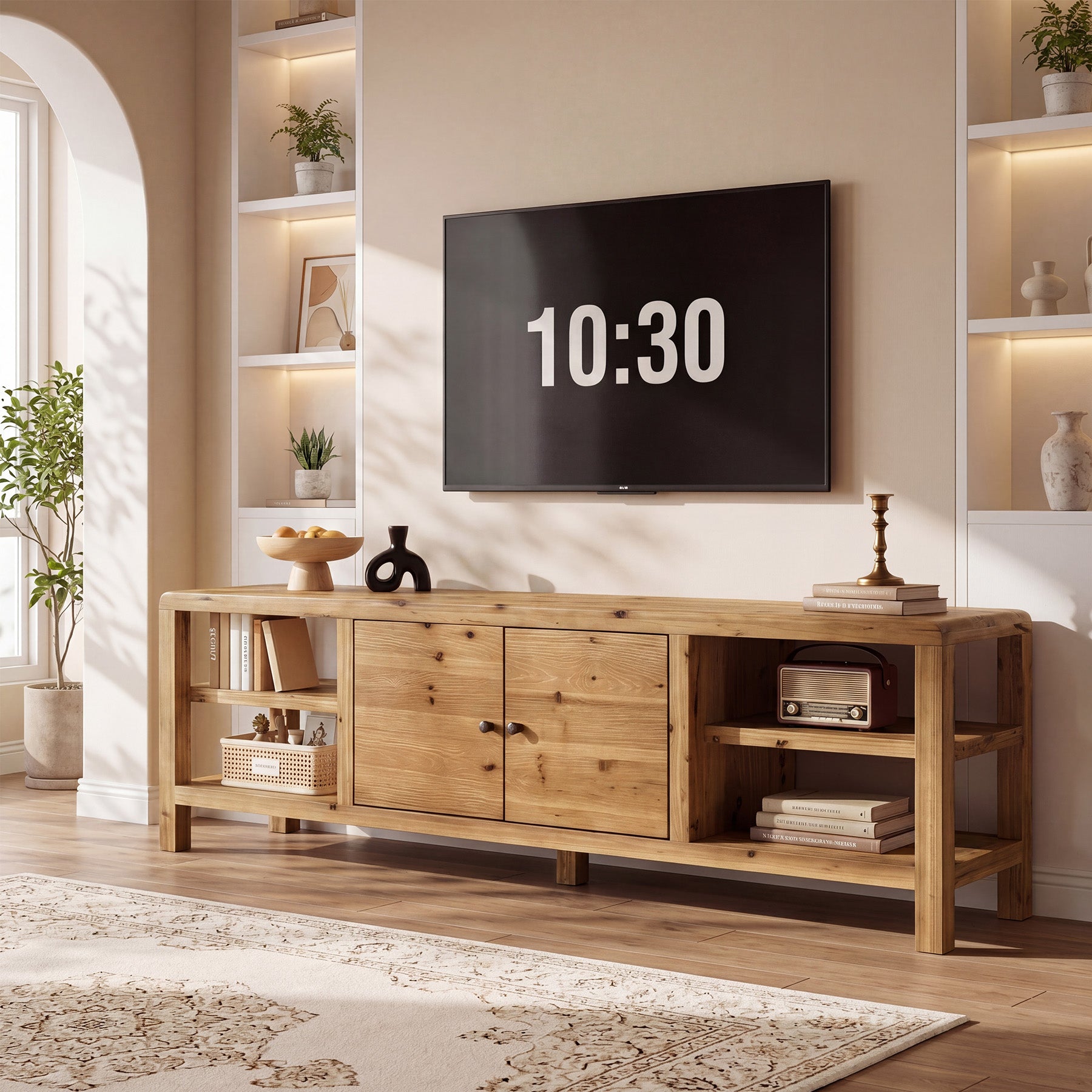 70.9-Inch Solid Wood TV Stand with Door and Storage Shelves, Farmhouse Entertainment Center for TVs up to 80 Inches