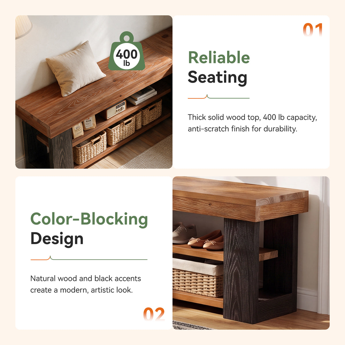 47" L-Shaped Corner Bench, 3-Tier Solid Wood Entryway Bench, Hallway Mudroom