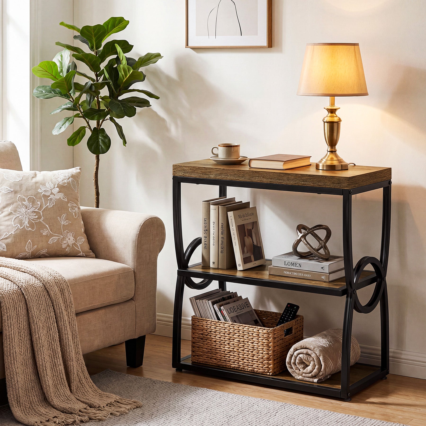 Tribesigns 25.59-Inch Industrial Narrow End Table with 3 Open Shelves, Slim Side Table for Small Spaces