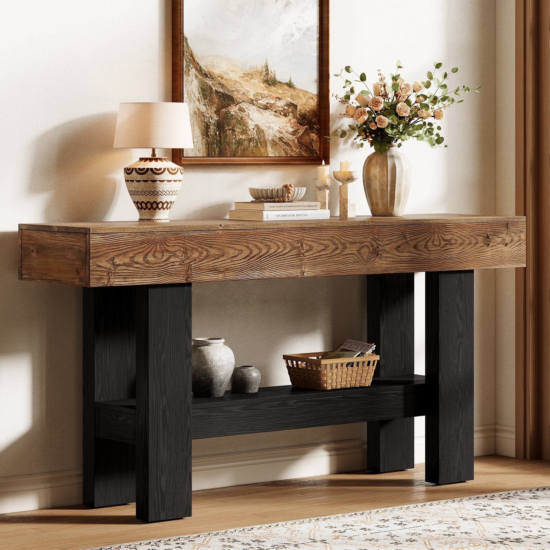 63" Solid Wood Console Table, Narrow Sofa Table with Storage Shelf