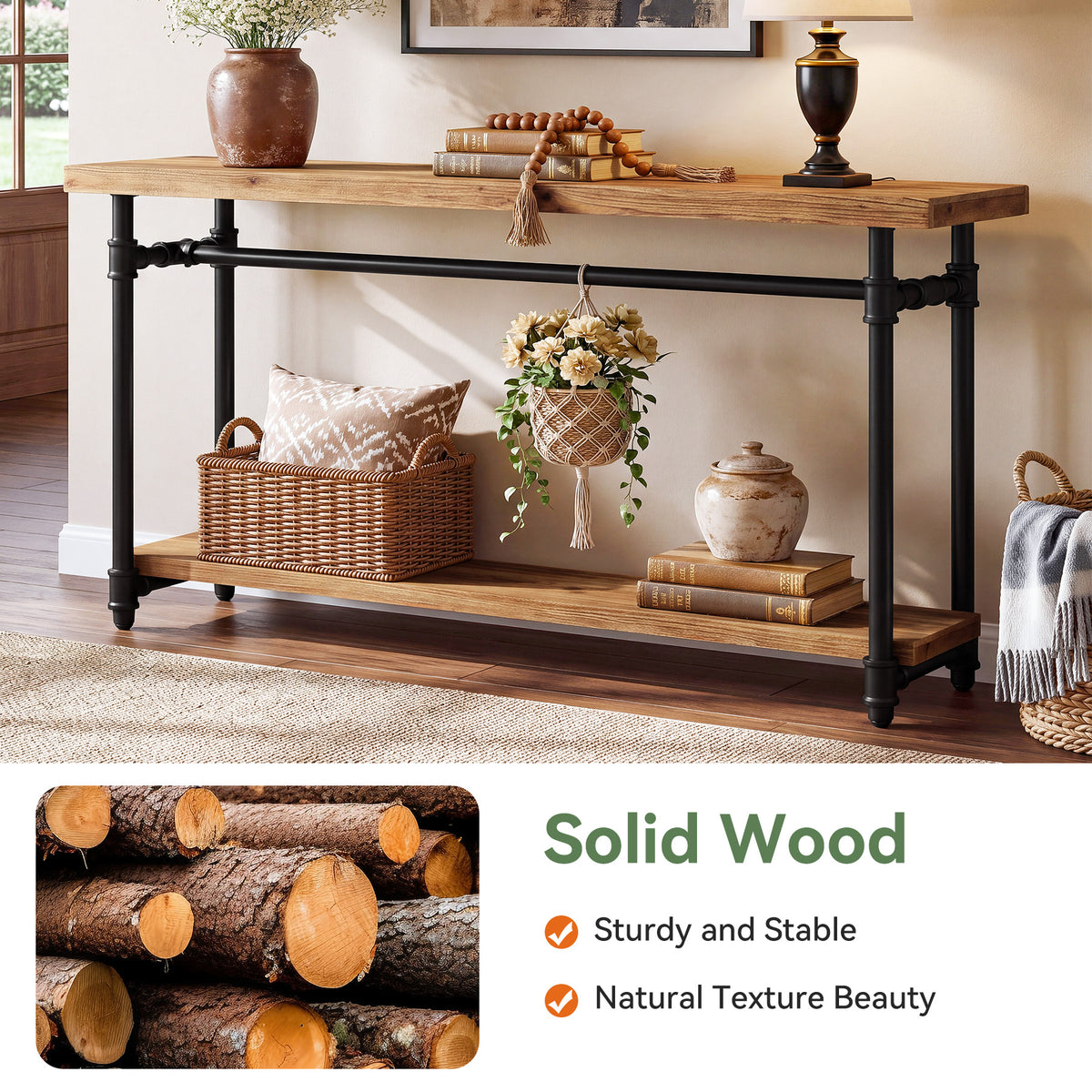 63" Solid Wood Console Table, Narrow Entryway Table with 2-Tier Storage & Metal Pipe Frame