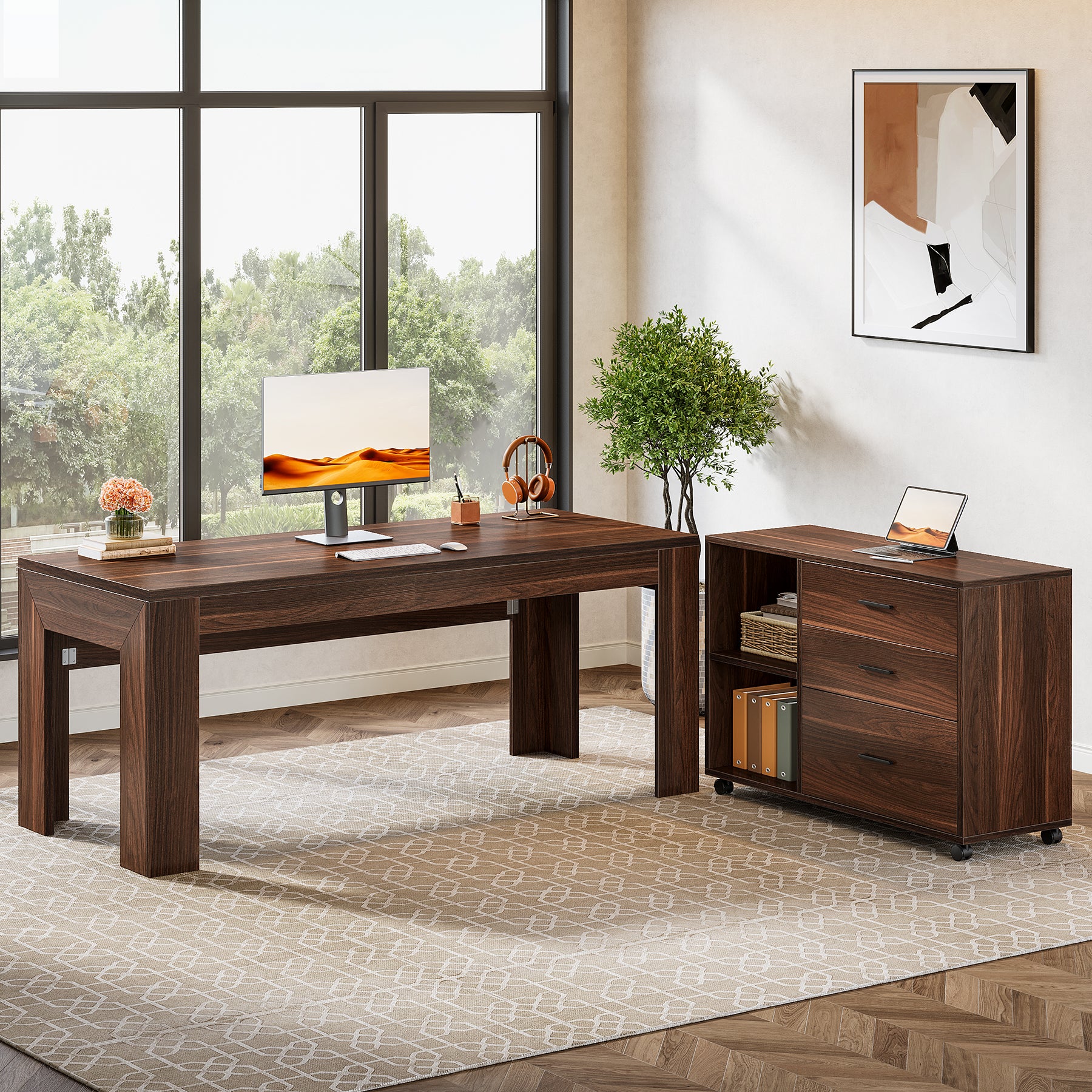 63" L-Shaped Desk, Executive Office Desk with Mobile Lateral File Cabinet