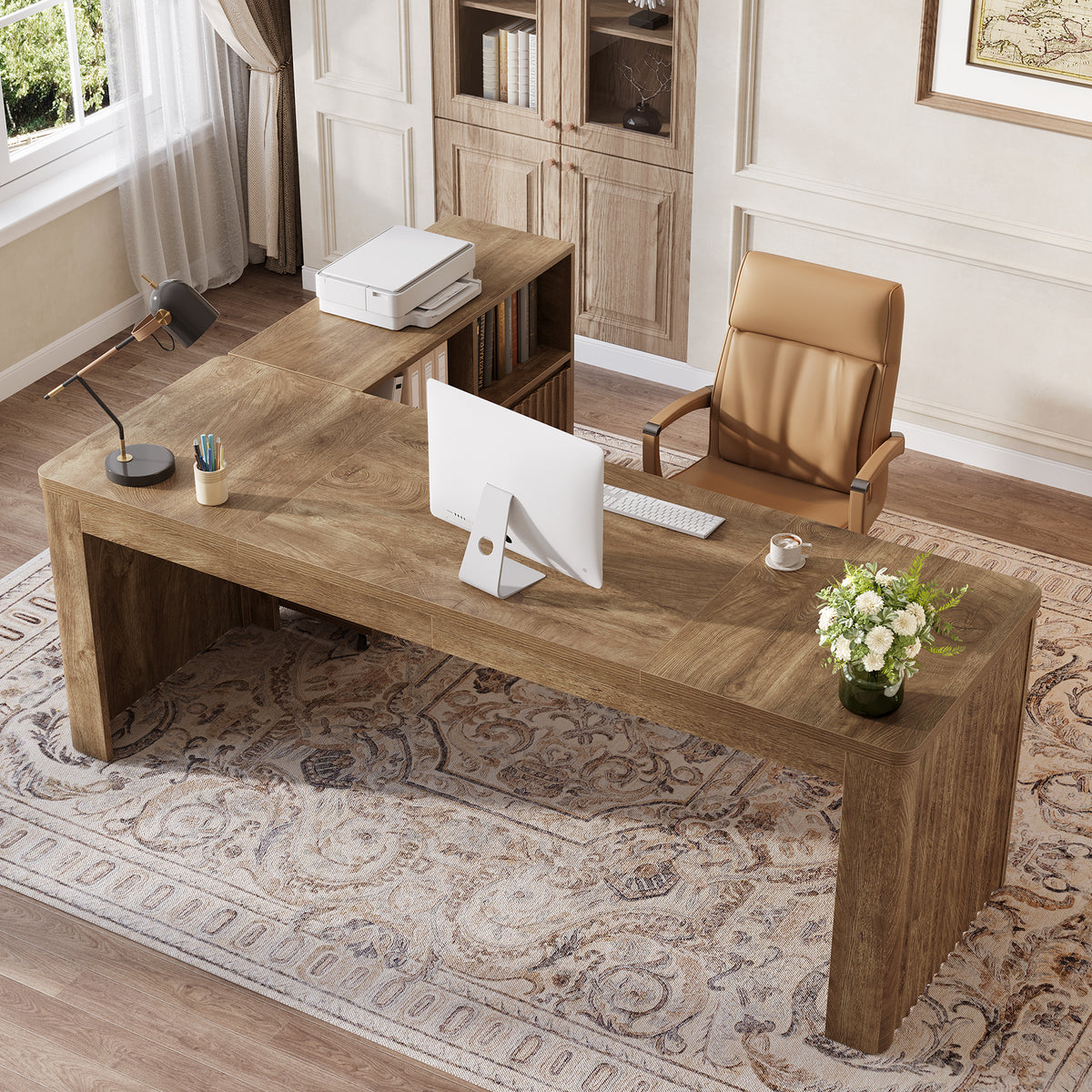 79" L-Shaped Executive Desk with Mobile File Cabinet, Modern Home Office Desk