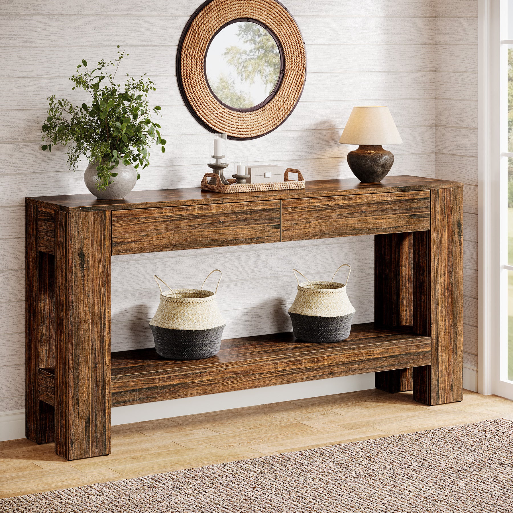 63" Console Table, Farmhouse Wooden Sofa Entryway Table with 2 Drawers