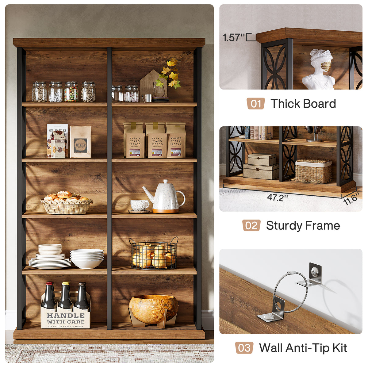 75" Industrial 6-Tier Bookcase, 10-Cube Metal Frame Freestanding Bookshelf, Home Office