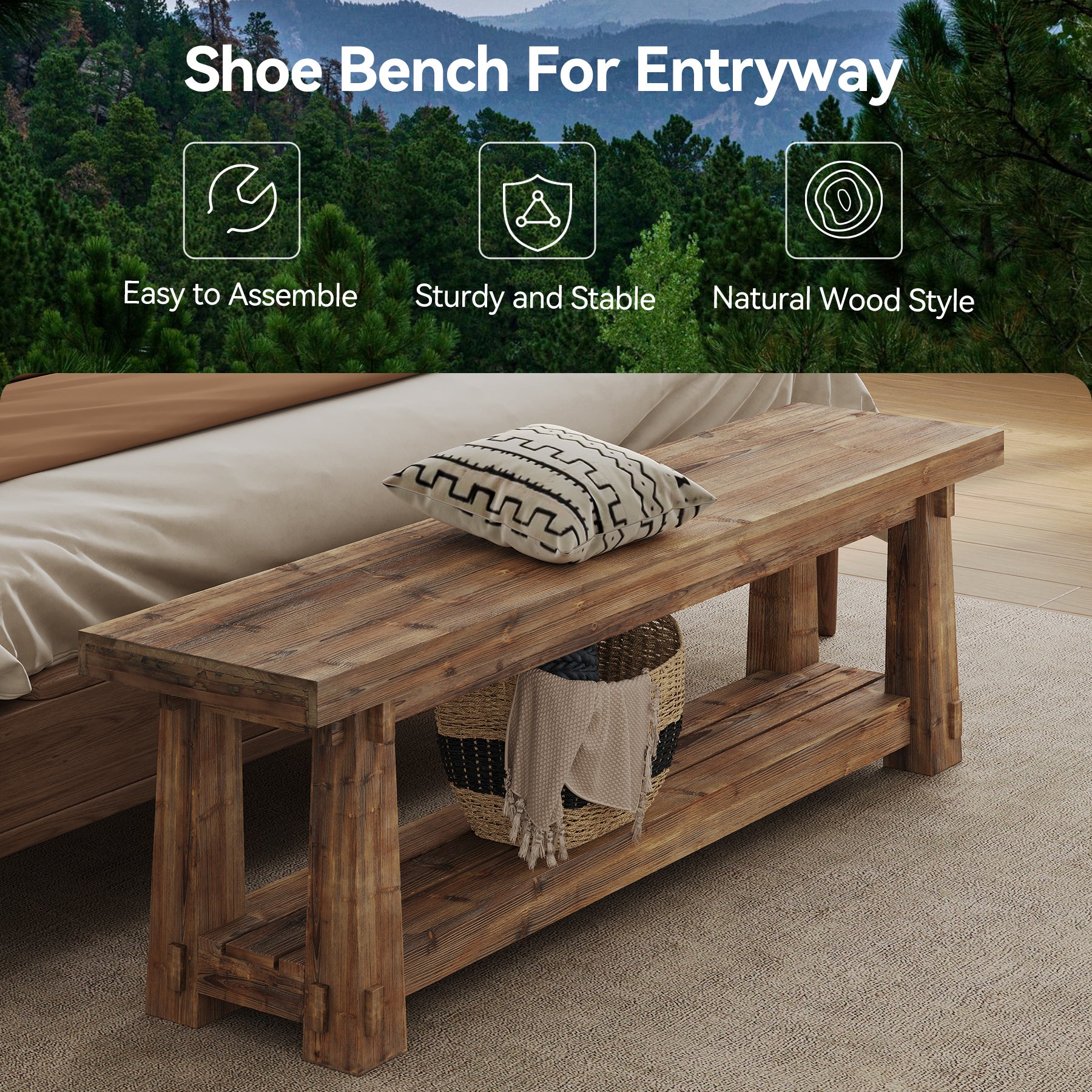 55" Entryway Bench, Foyer Bench with Shoe Storage for Hallway