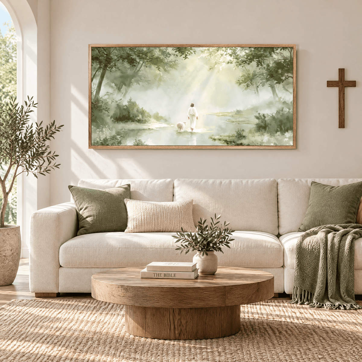 Hand-Painted  Large Christian Lost Sheep Wall Art, Green Forest Landscape Canvas