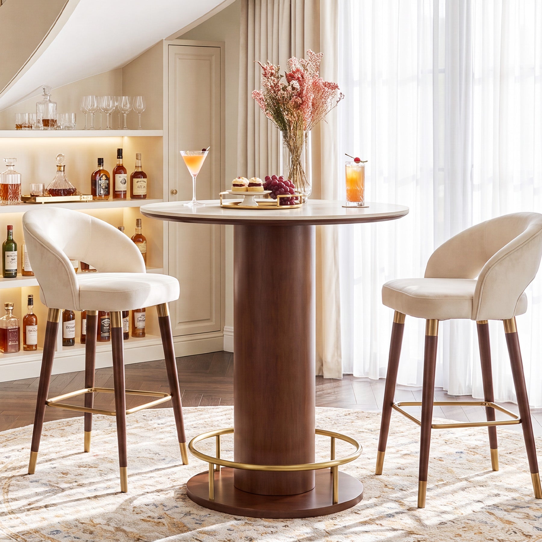 31.5" Round Sintered Stone Dining Table, Small Pedestal Kitchen Table for 2-4, Solid Rubber Wood Base