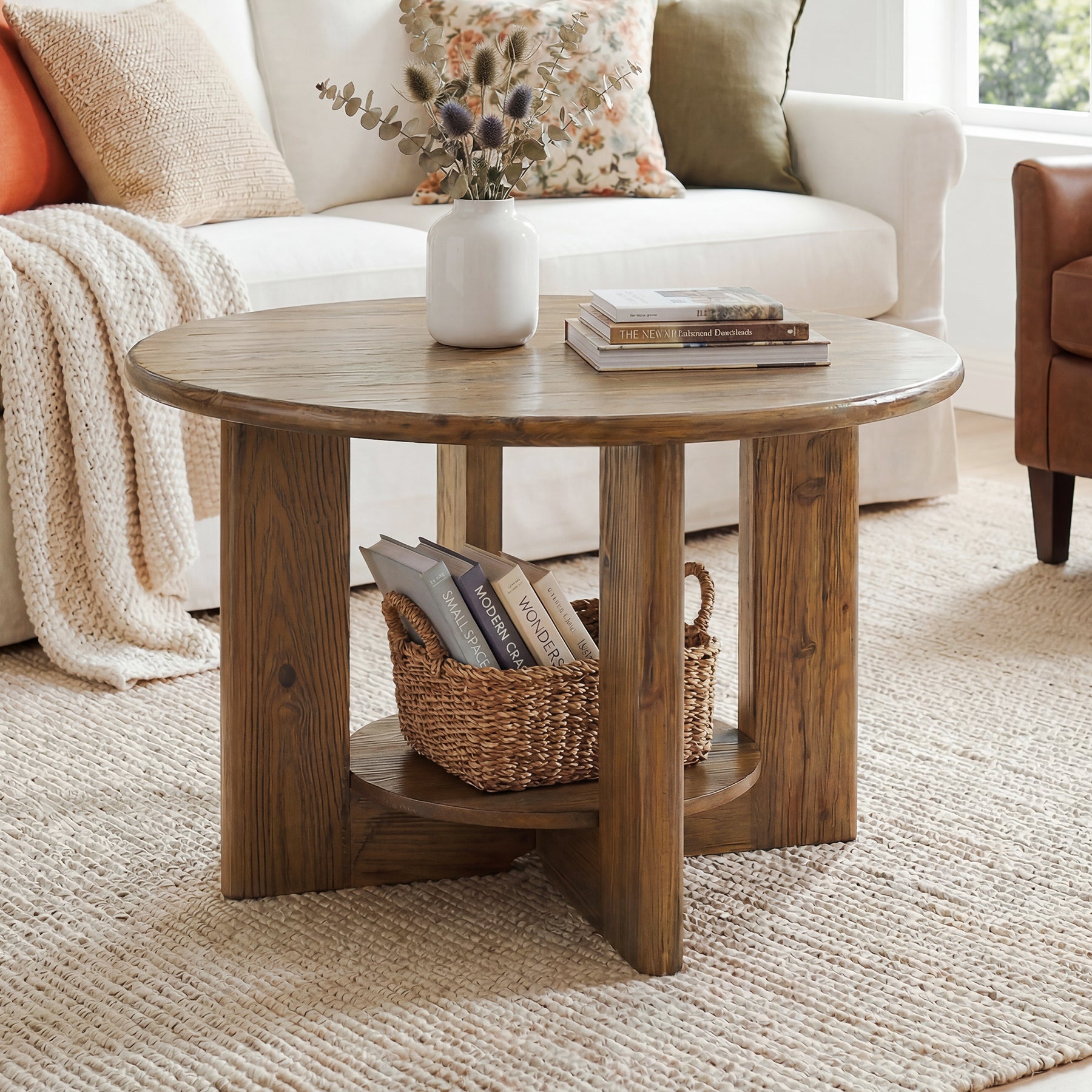 Solid Wood Round Coffee Table, 2-Tier Accent Center Table with Storage