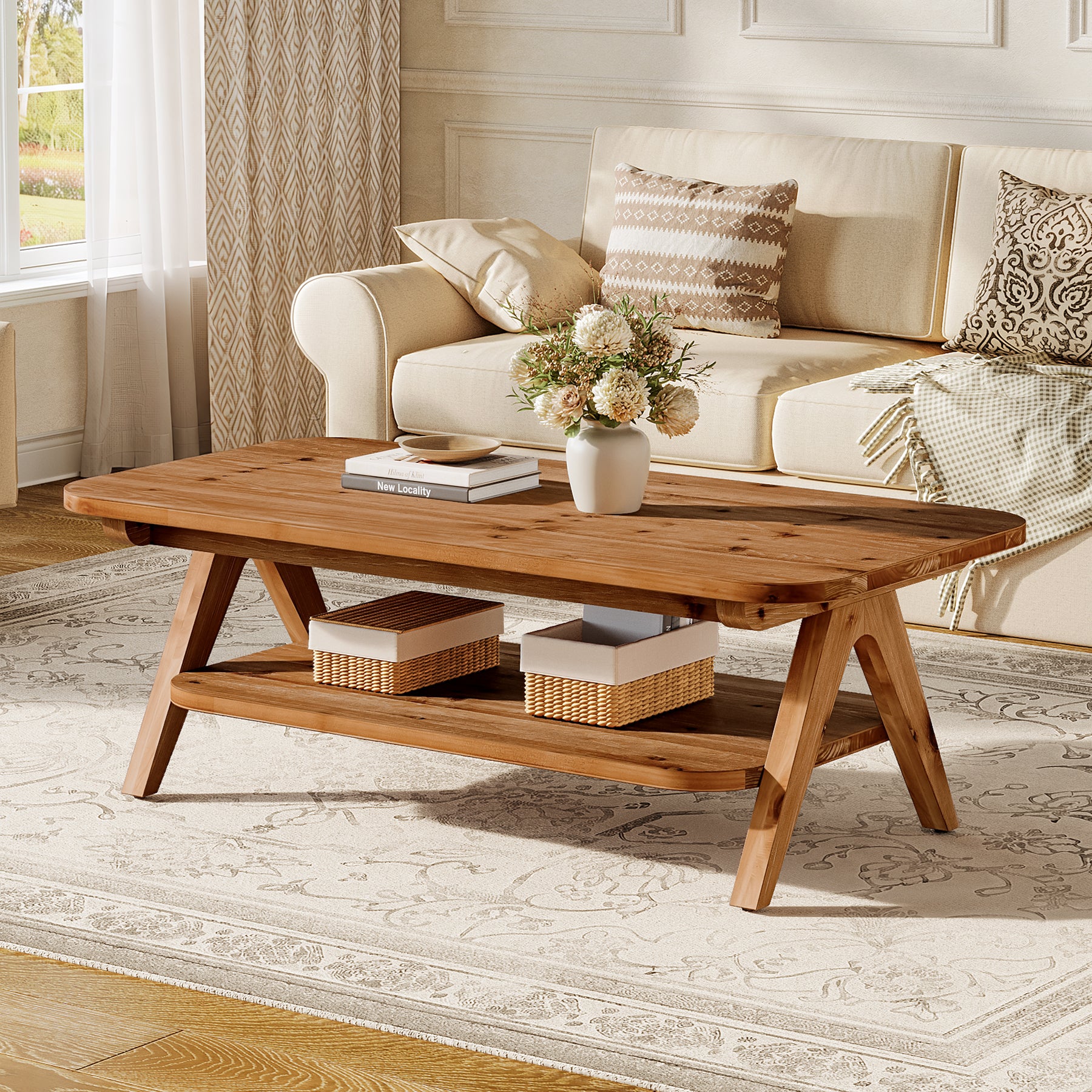 47" Coffee Table, Solid Wood 2-Tier Center Table with Storage Shelf