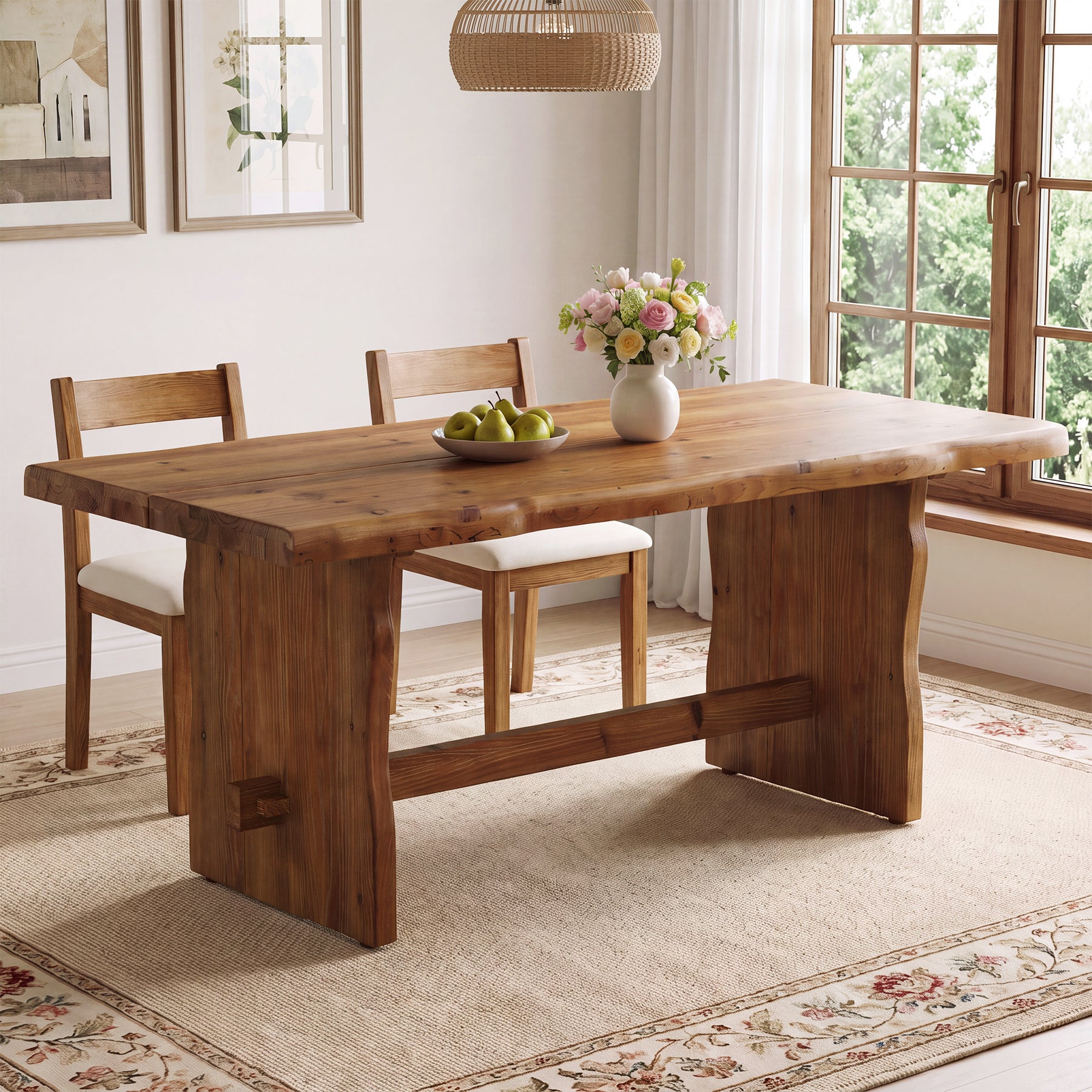 63" Solid Wood Dining Table, Live Edge Rectangular Kitchen Table for 4-6 People