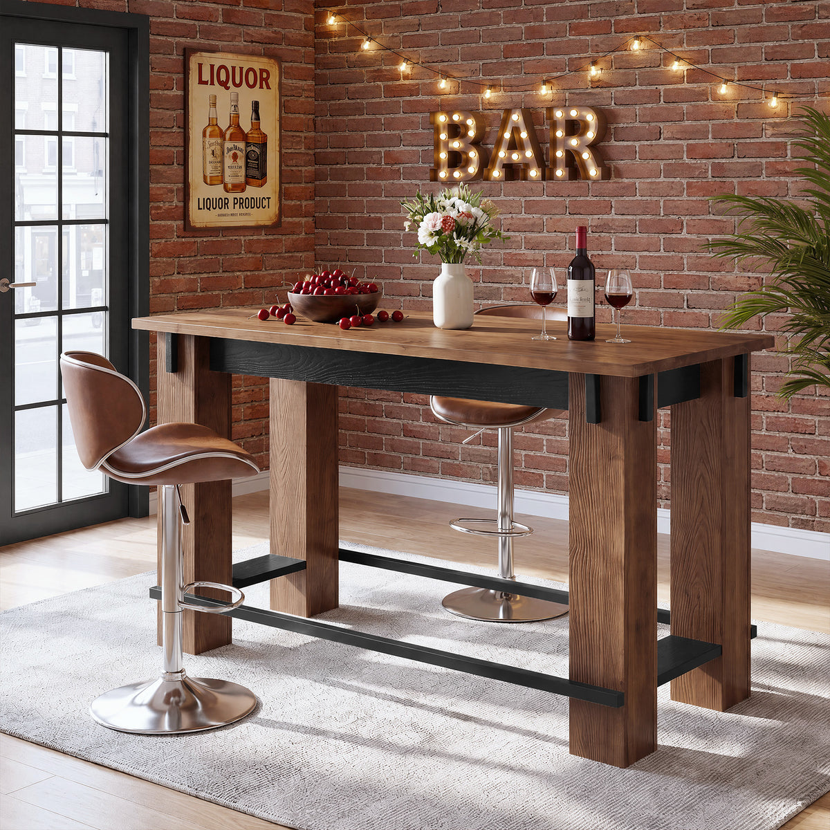 63" Farmhouse Solid Wood Bar Table, Metal Footrest, Counter Height Rectangle Pub Table