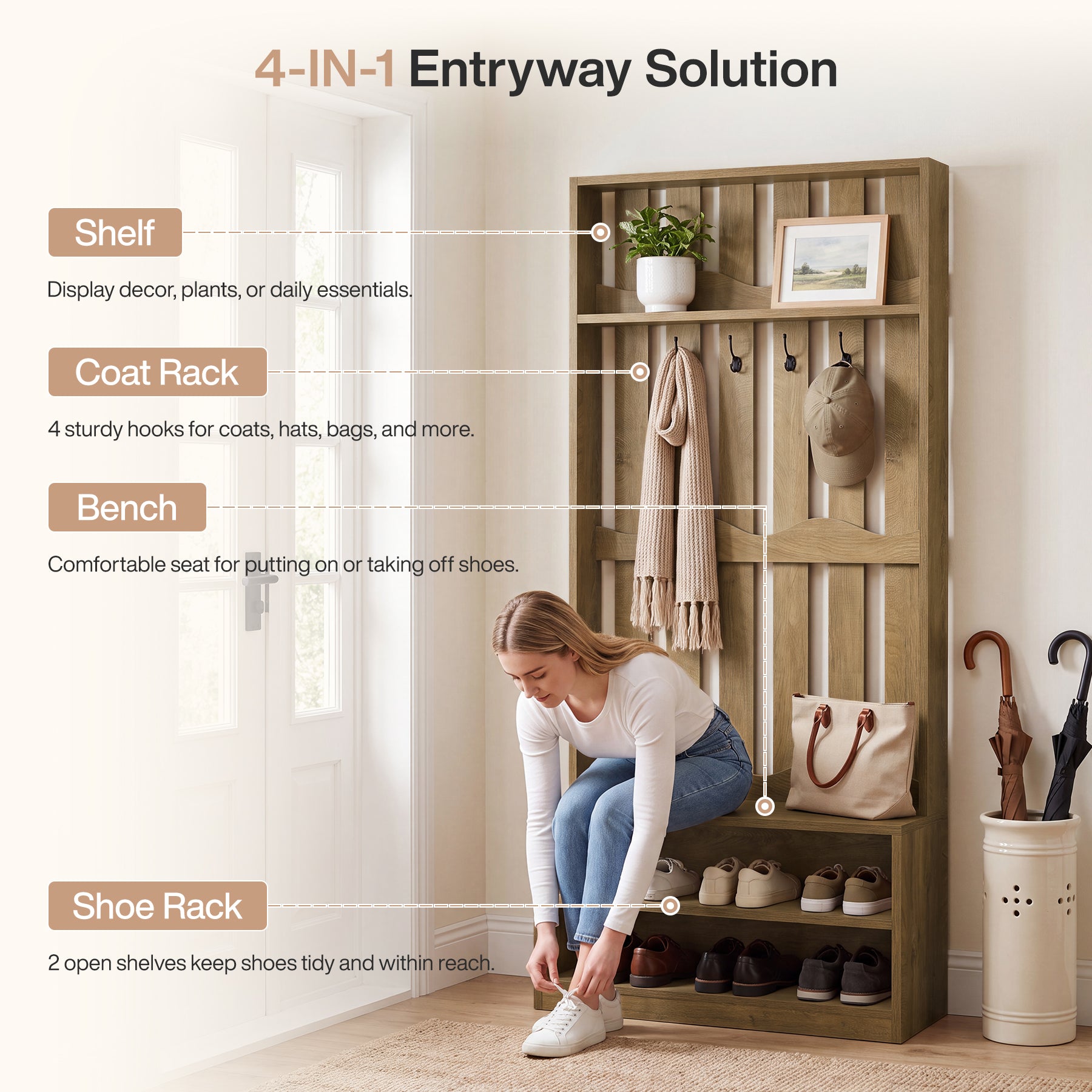 71.6" Tall Hall Tree, Farmhouse Entryway Storage with Bench & 4 Coat Hooks
