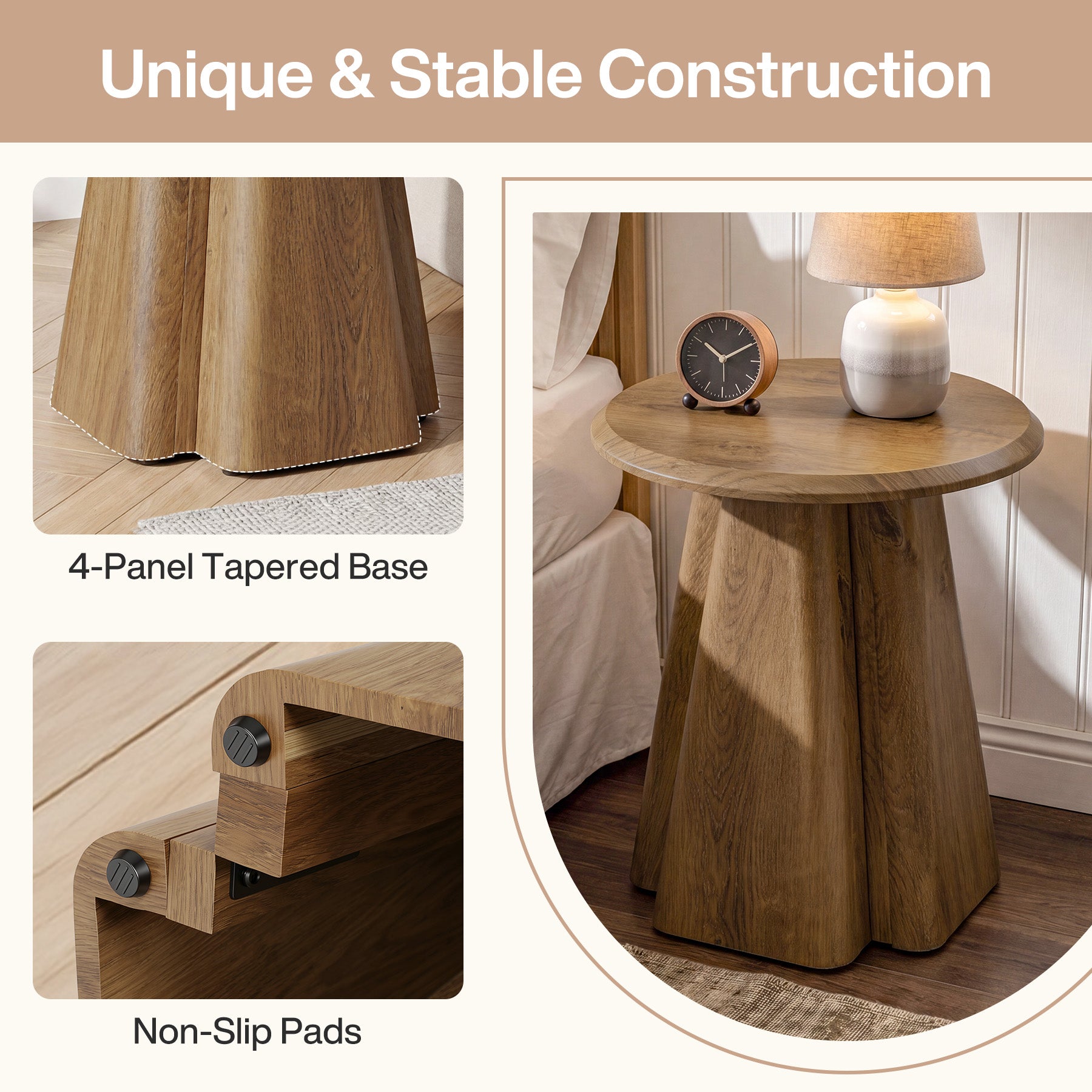 23.6" Round Nightstand, Wooden Bedside Table with Sturdy Support