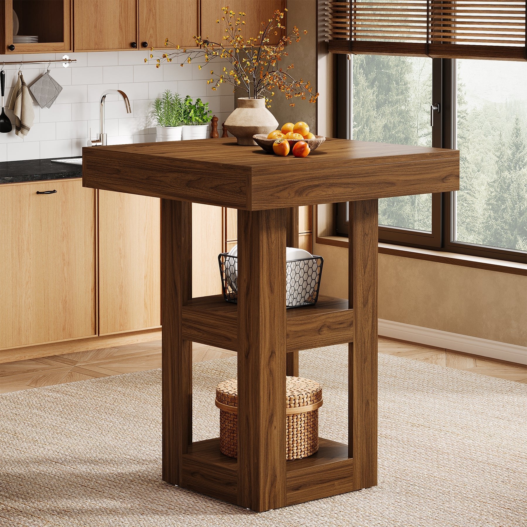 31.5" Square Kitchen Island with 3-Tier Storage, Wooden Home Bar Table