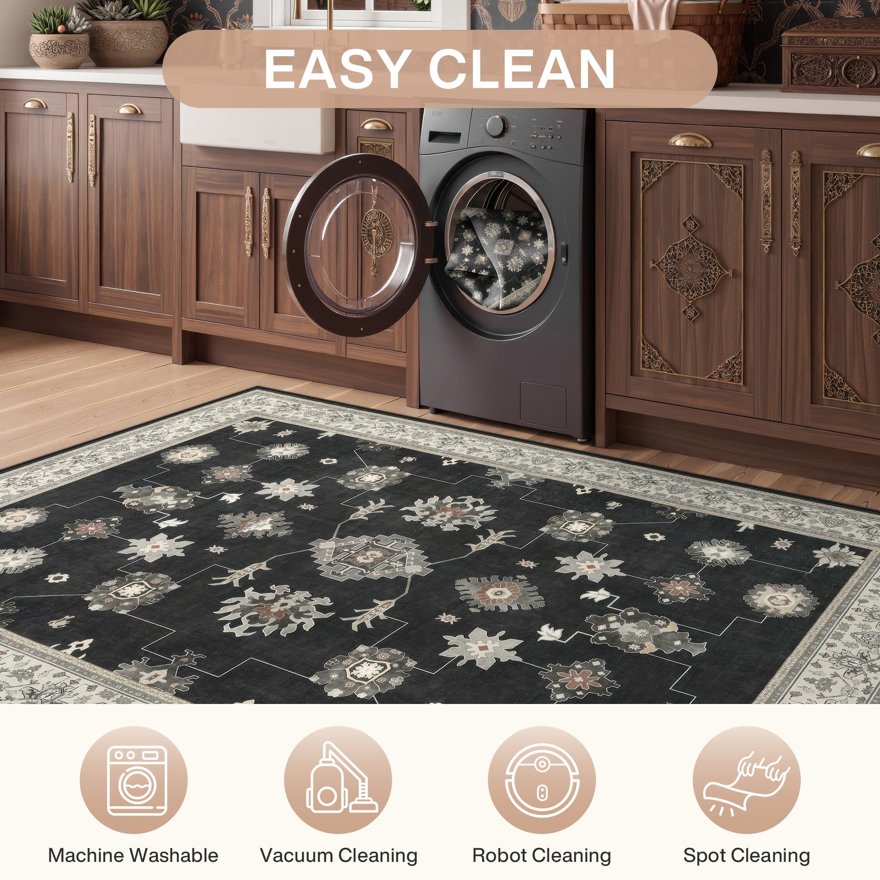 5x7/8x10/9x12 Boho Washable Area Rug, Farmhouse Vintage Ultra Thin Indoor Non-Slip Carpet for Living Room, Oeko-Tex Certified