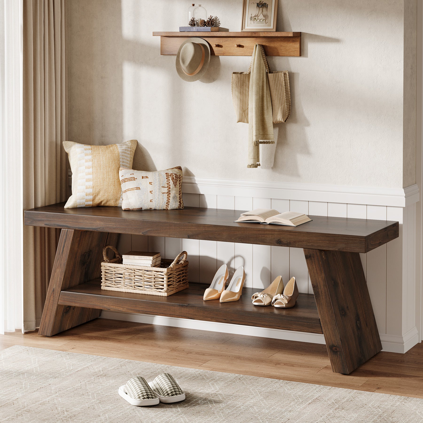 その他 FURNTURE CORP PUEBCO WOODEN SCHOOL BENCH 2-Tier Entryway Bench, Solid Wood Shoe Bench with Open Shelves
