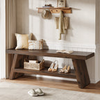 2-Tier Entryway Bench, Solid Wood Shoe Bench with Open Shelves