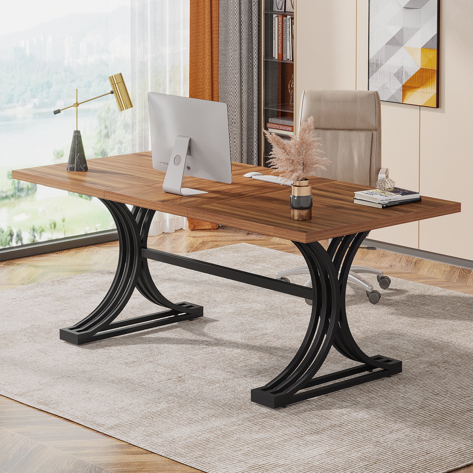 63" Modern Executive Computer Desk with Faux Marble Tabletop