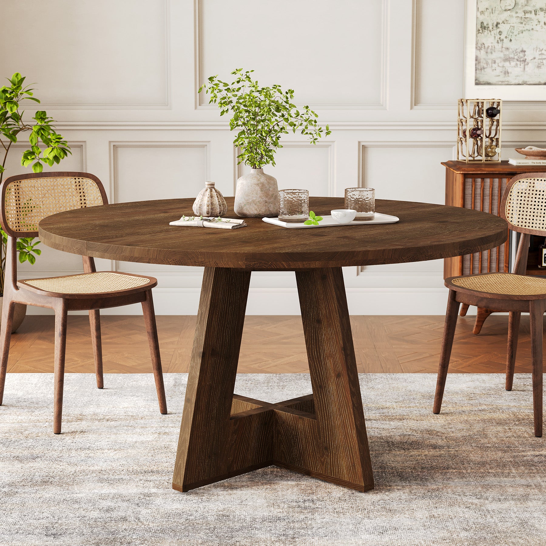 Solid Wood Round Dining Table for 4-6, 47" Farmhouse Kitchen Table for Dining Room