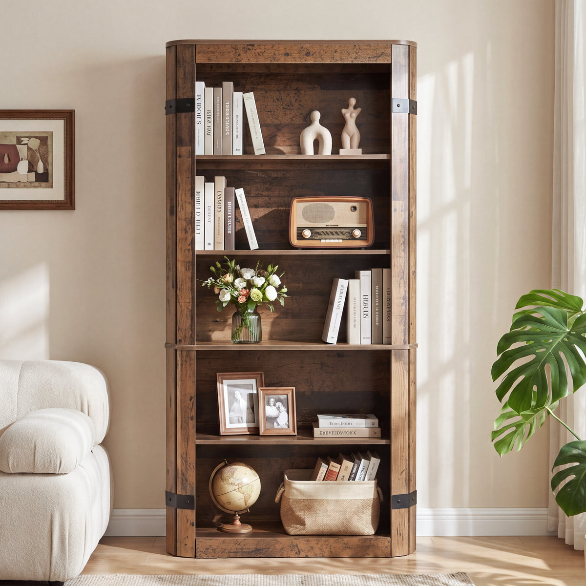 71" Tall Farmhouse Bookshelf, 5-Tier Home Office Bookcase with Storage