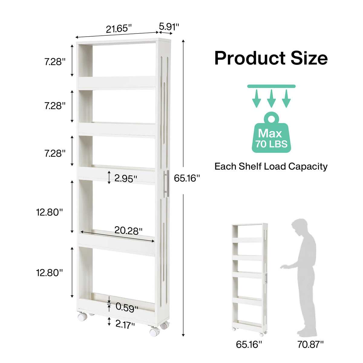 65" Slim Storage Cart on Wheels, 5-Tier Kitchen Cart Skinny Utility Mobile Shelf Organizer