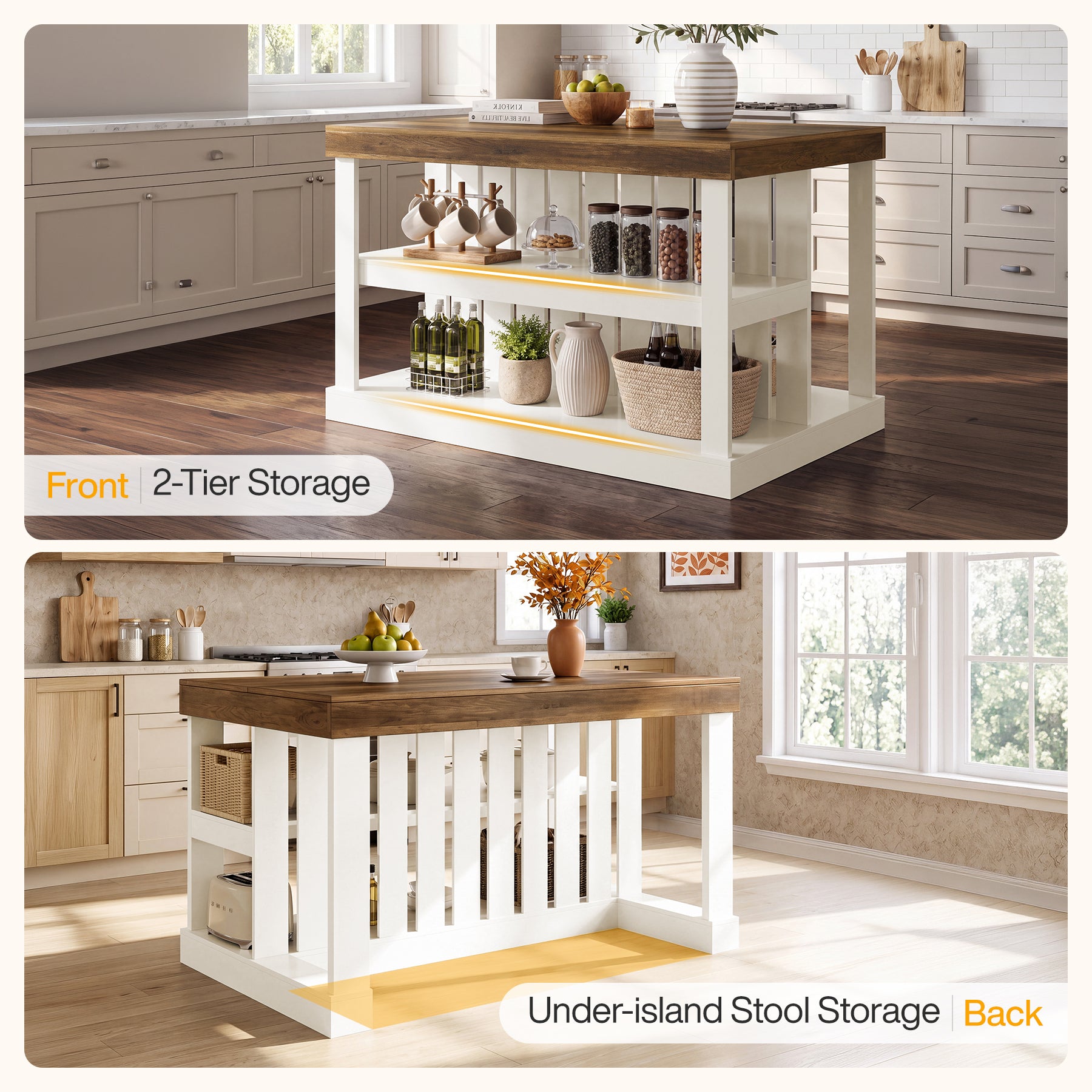 55-Inch Kitchen Island with Storage, Farmhouse Freestanding Island Table