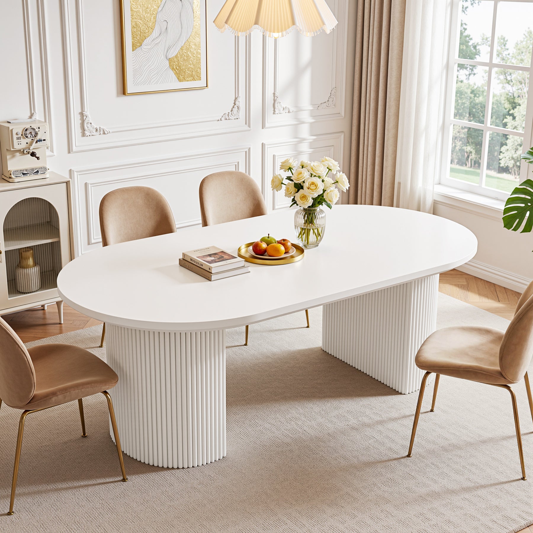 63" Oval Dining Table For 4-6, Modern Kitchen Table With Fluted Wooden Base