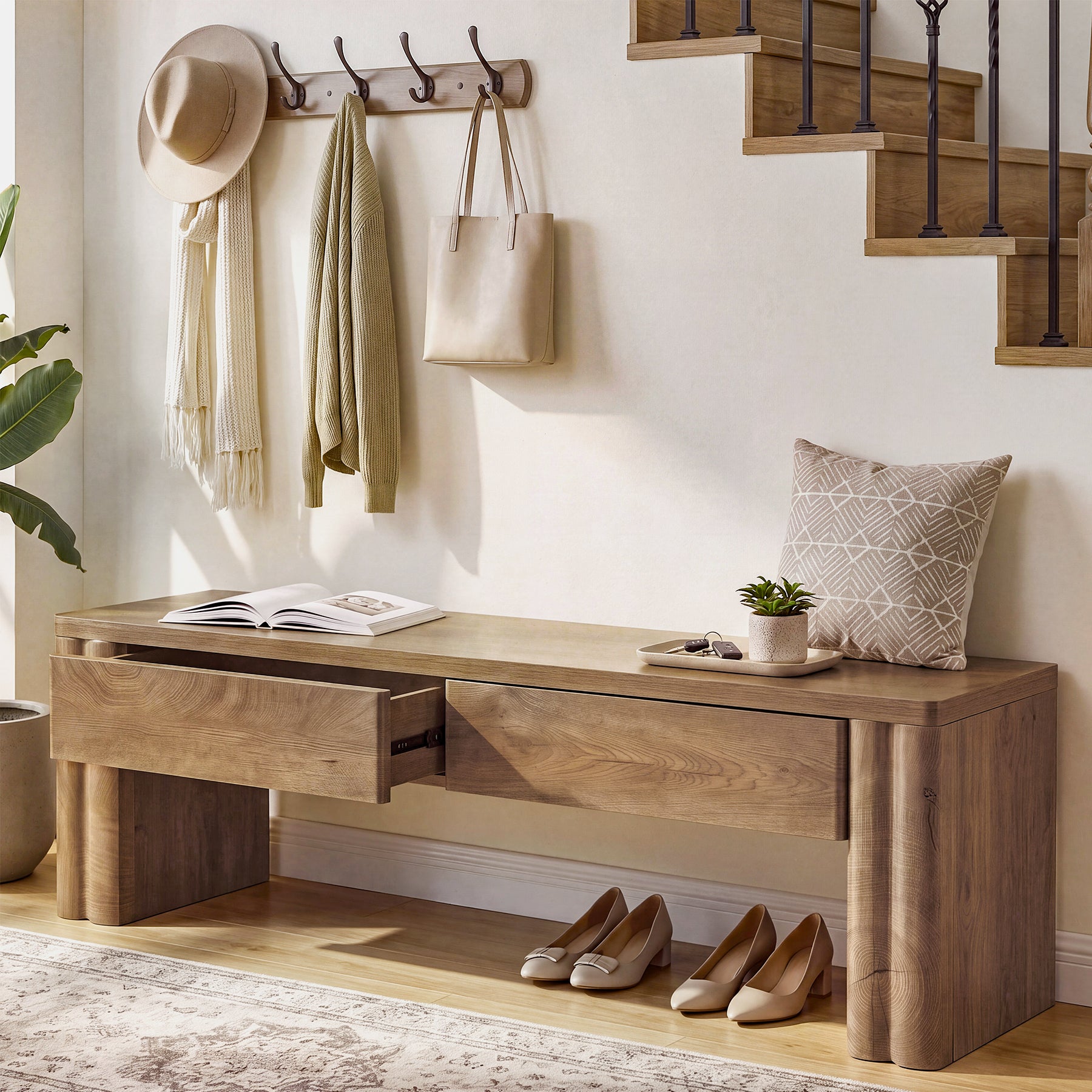 55" Entryway Bench with 2 Storage Drawers, Modern End of Bed Bench with Thick Legs