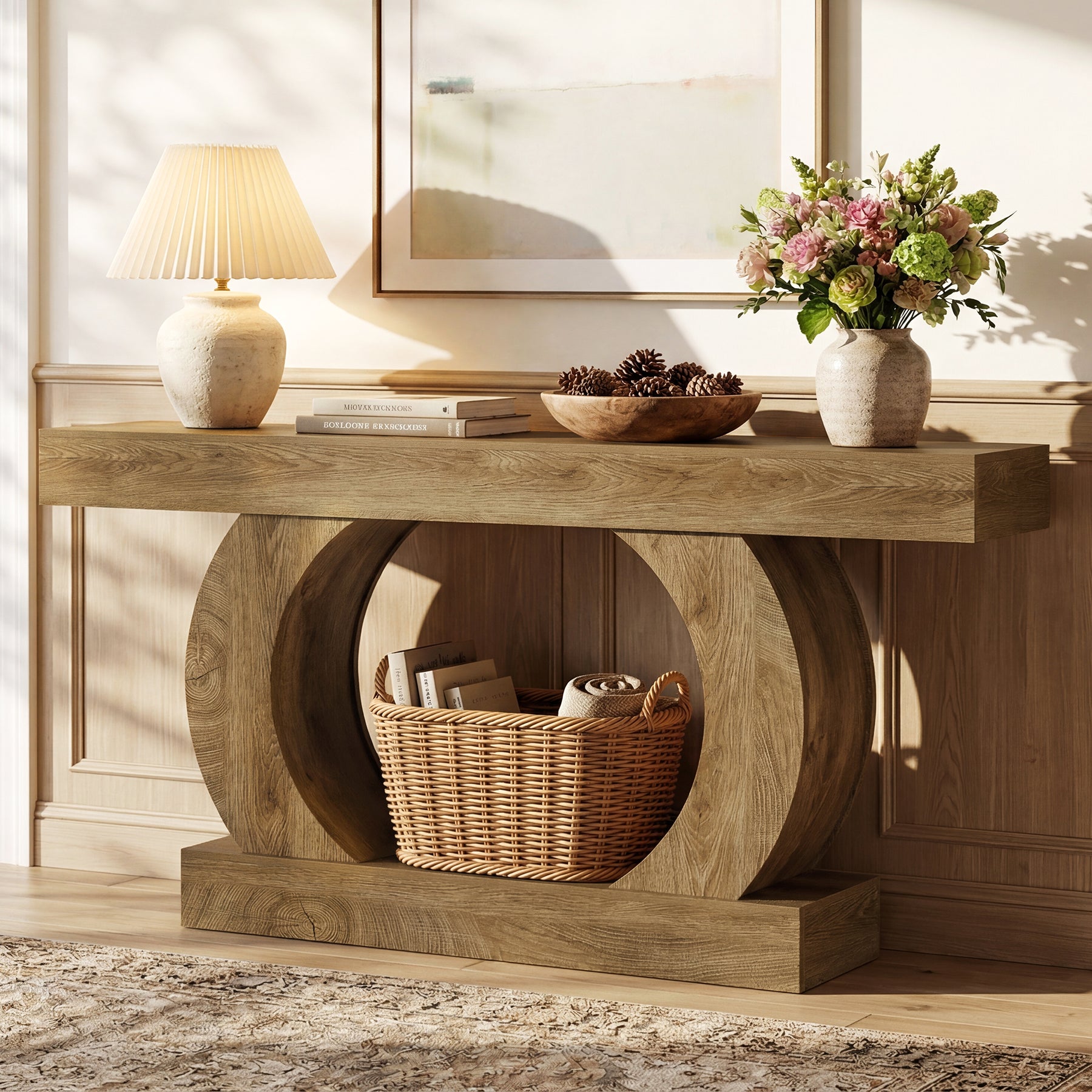 Farmhouse Console Table, 59" Entryway Table with Unique Circular Base for Hallway