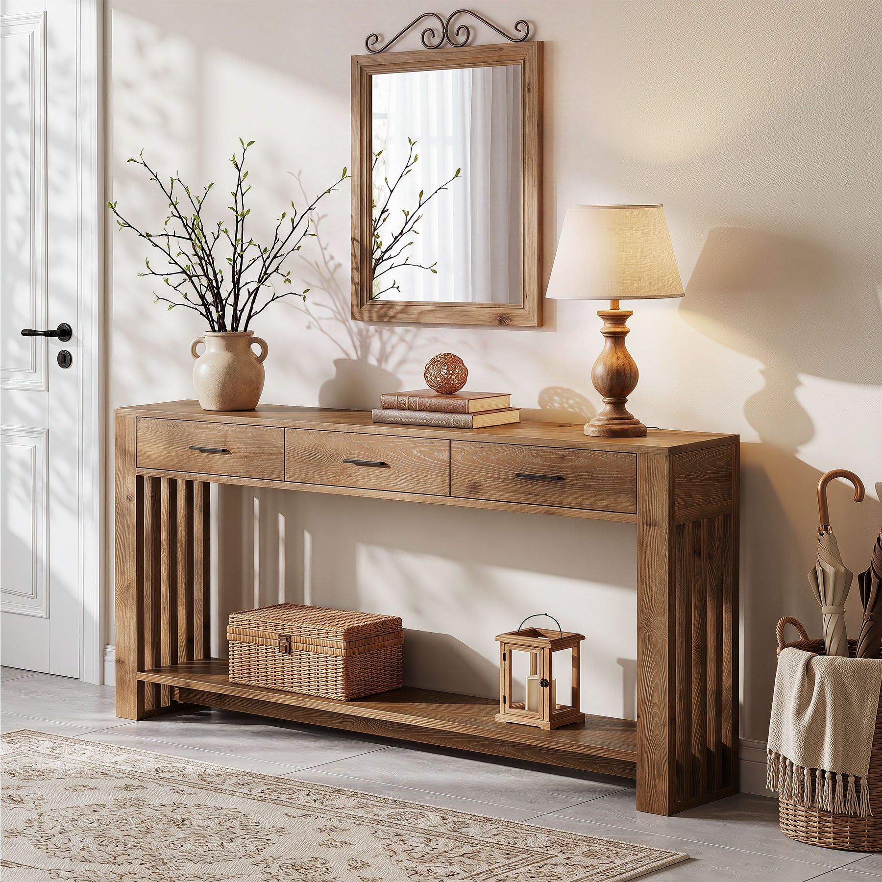 63" Solid Wood Console Table, 3 Drawers 2-Tier Narrow Farmhouse Entryway Table