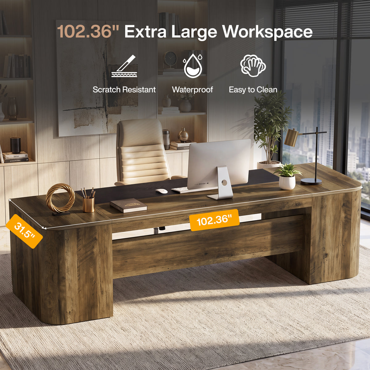102" Executive Desk, Extra-Long Office Computer Desk with Drawers & Storage Cabinets