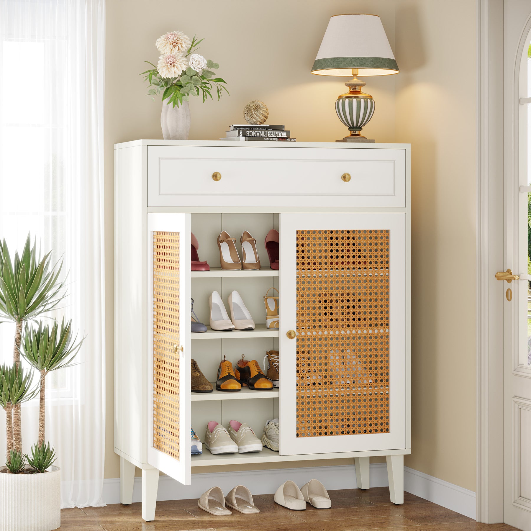 Modern Shoe Cabinet, Rattan Shoe Organizer with Doors and Drawer
