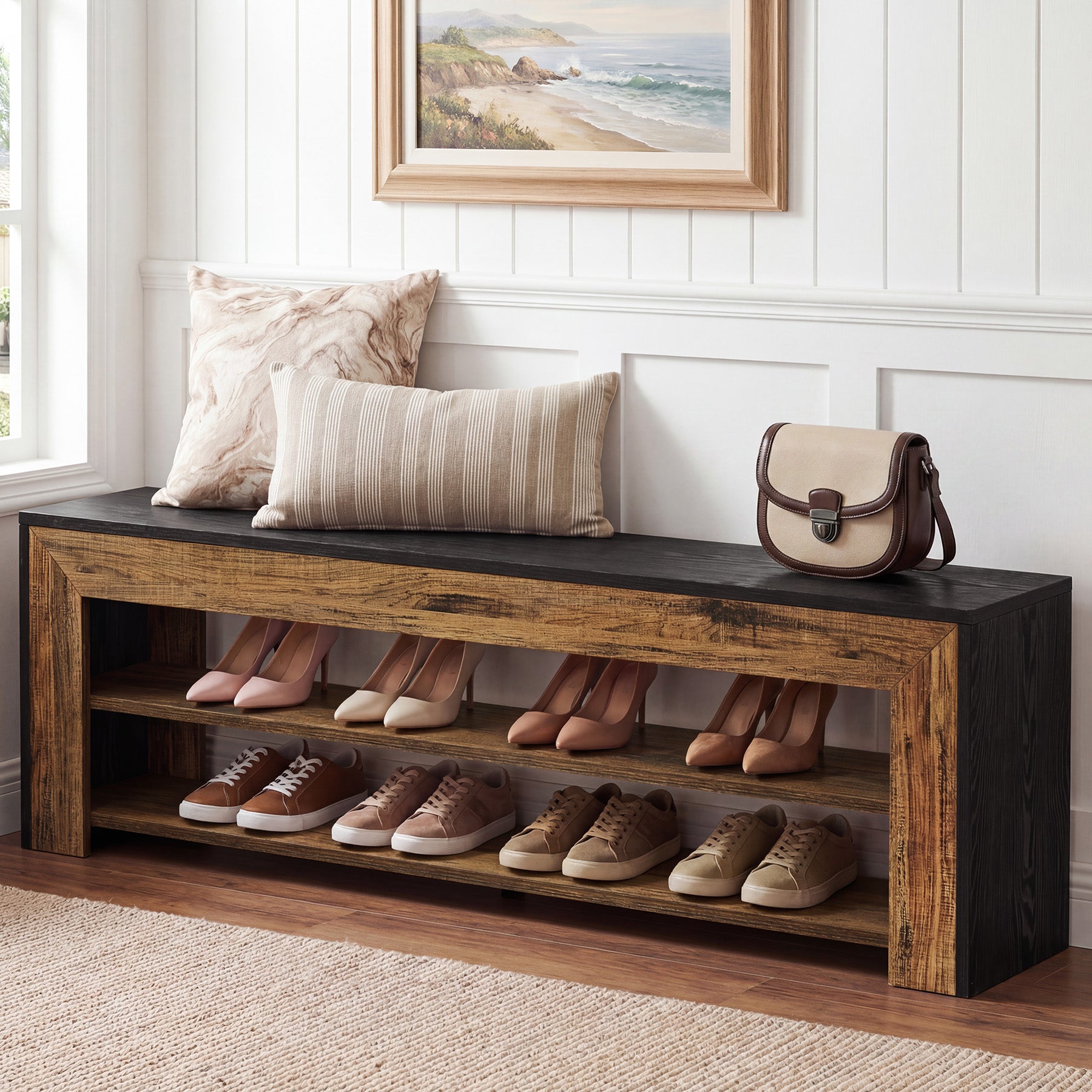 63" Entryway Shoe Bench, 3-Tier End of Bed Bench with Storage Shelves for Hallway