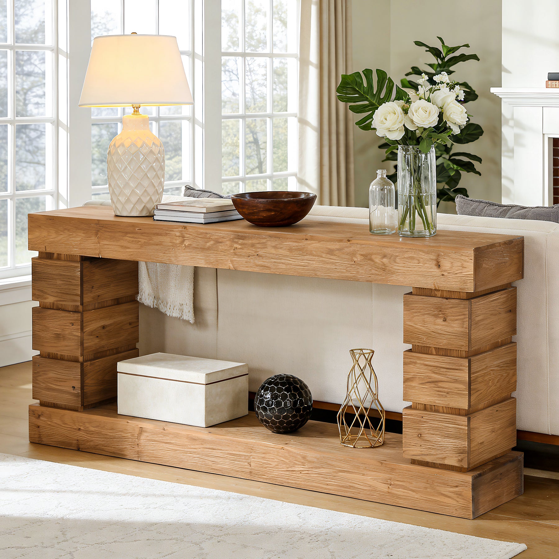 62.9" Solid Wood Console Table with Storage Shelf, Narrow Entryway Sofa Table for Hallway or Living Room