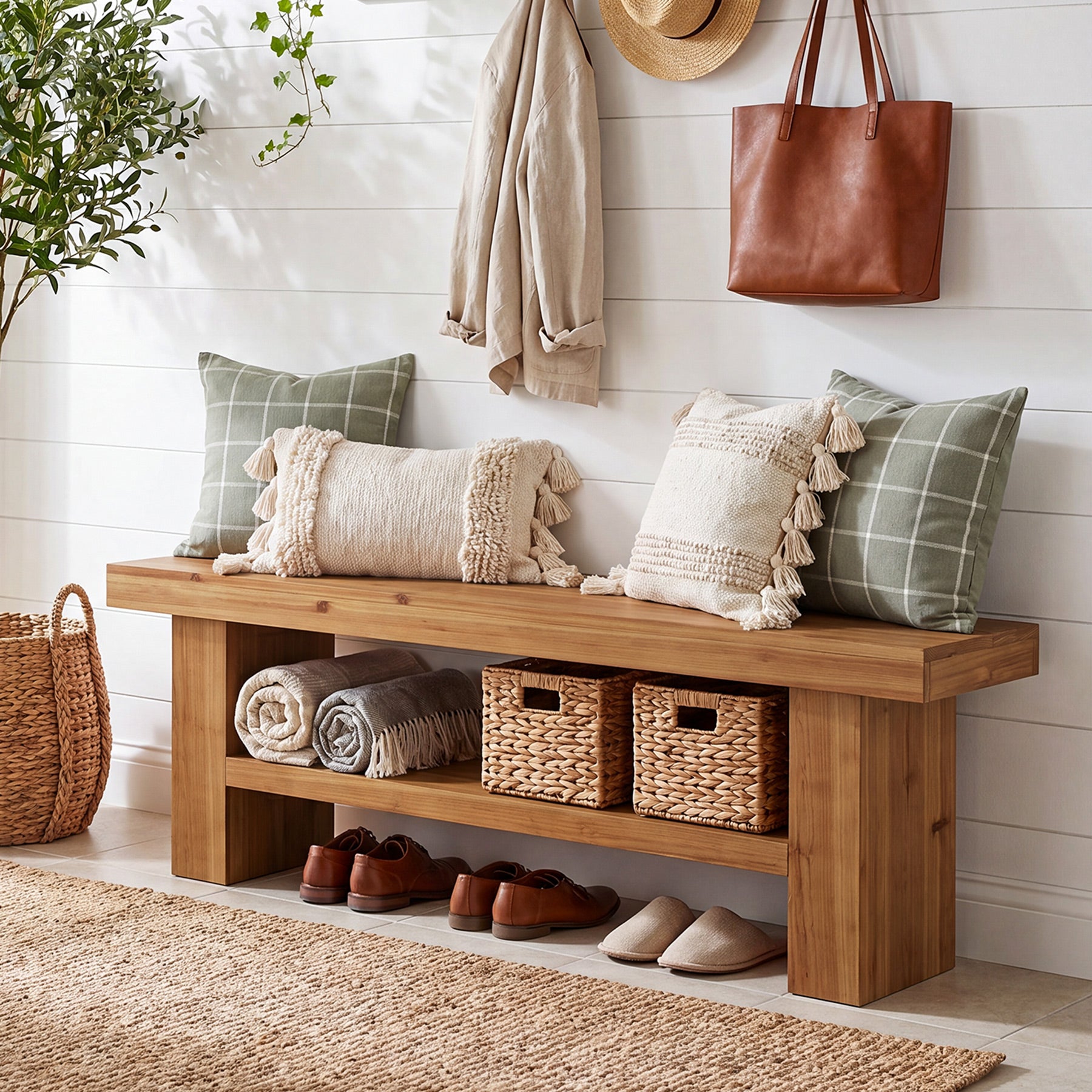 63" Solid Wood Entryway Bench, 2-Tier End of Bed Bench for Hallway, Bedroom