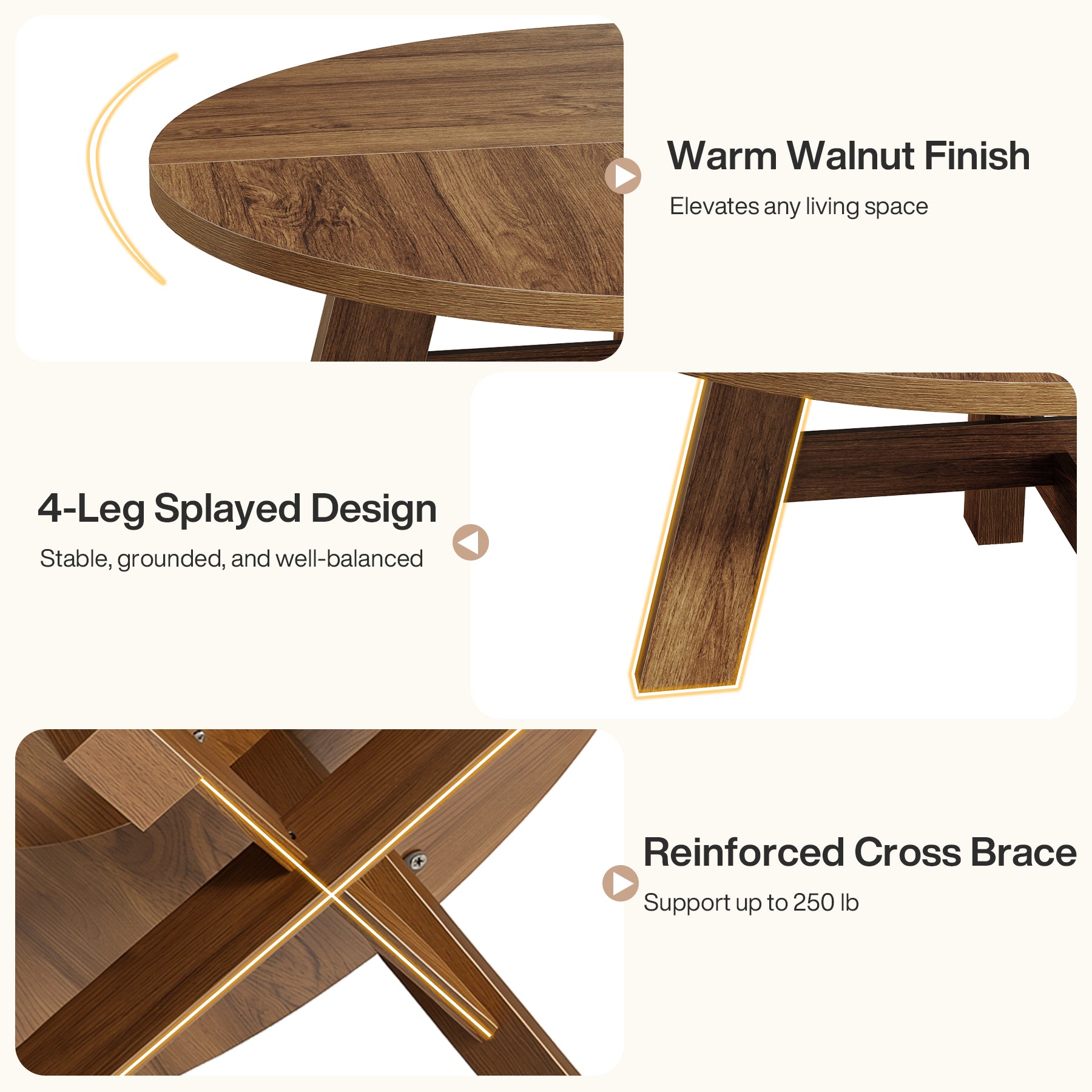 Round Coffee Table, 39" Circle Center Table with Reinforced Cross Brace